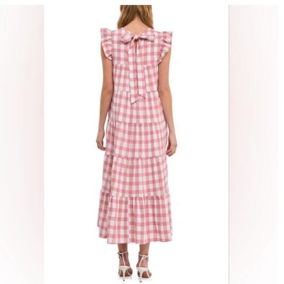 ENGLISH FACTORY Tiered Maxi Dress Cottage Baby Doll Gingham Pink Large Prairie - Picture 3 of 16